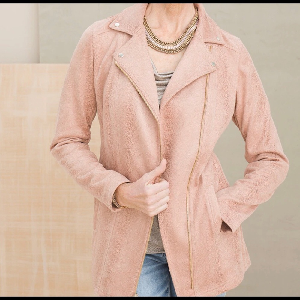 Chico’s Faux-Suede Moto Jacket in grey mist Chico size 0P equals 4P.